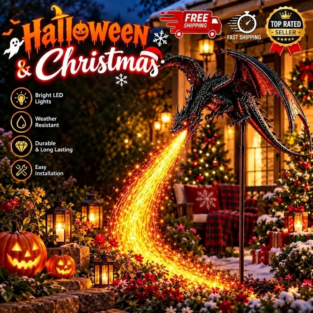 Solar Powered Gothic Winged Dragon Flame Effect Fire Garden/Pathway StakeLight u