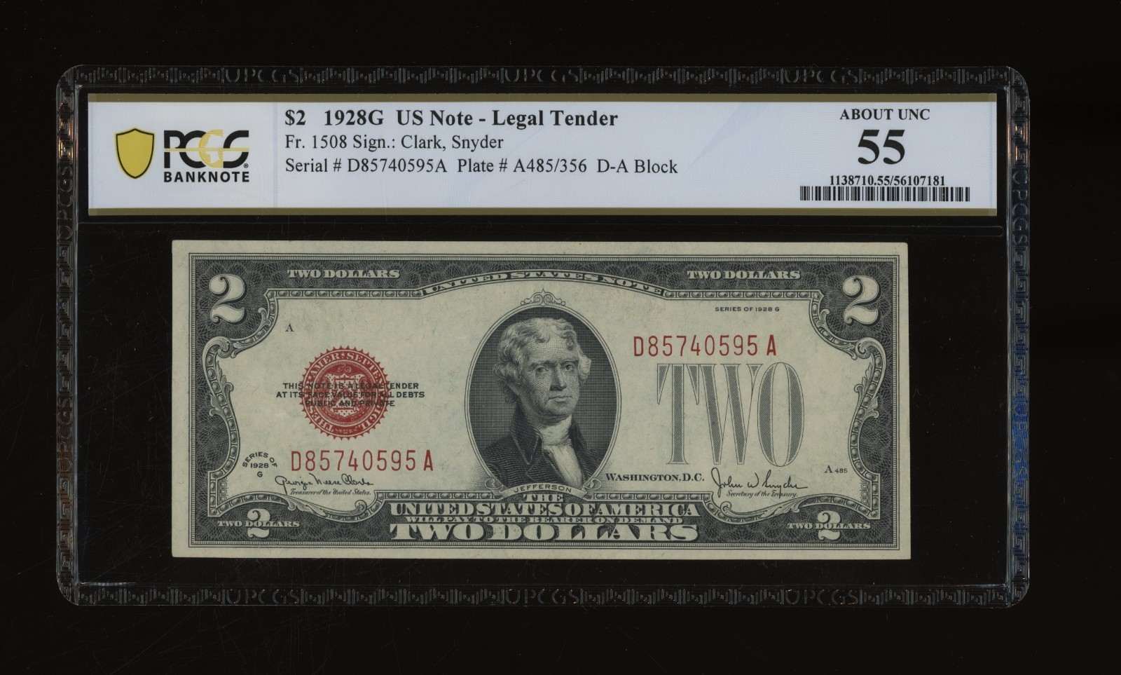 DBR 1928-G $2 Legal Fr. 1508 DA Block PCGS-B 55 Serial D85740595A DBR 1928-G $2 Legal Fr. 1508 DA Block PCGS-B 55 Serial D85740595A