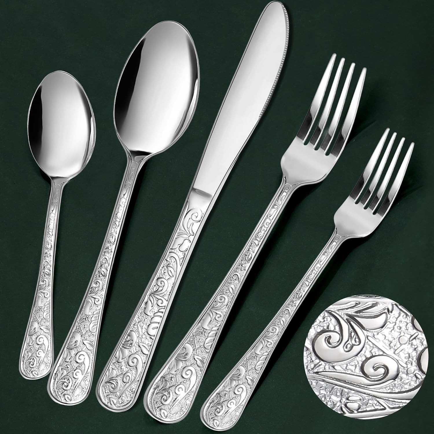 40-Piece Vintage Carved Silverware Set for 8, Stainless Steel Flatware