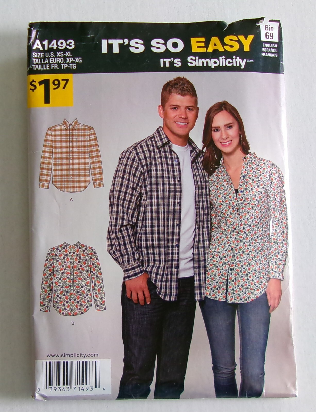 Simplicity Patterns - Misses,  Men\'s Shirt Size XS-XL Uncut Factory Folded A1493