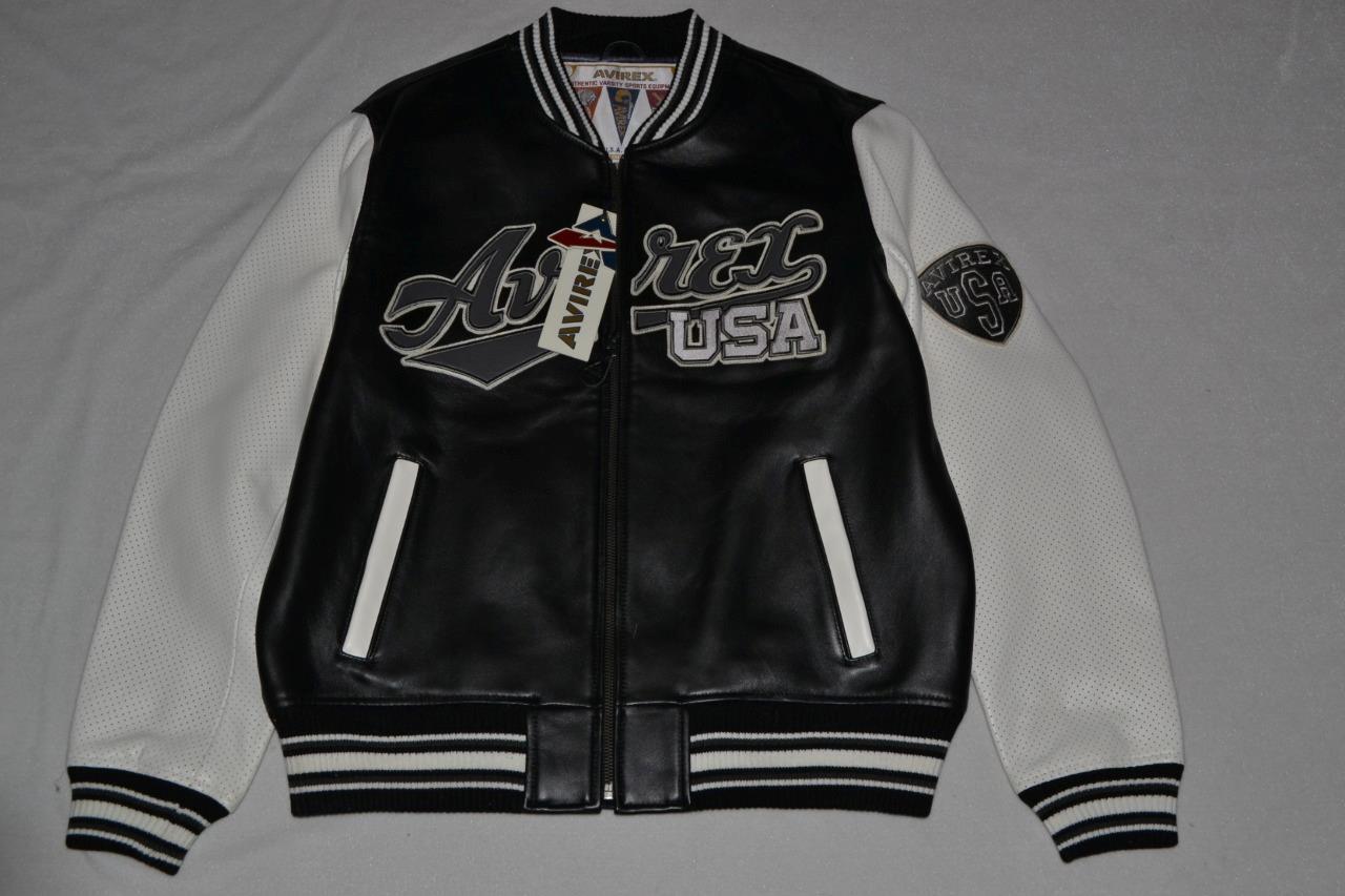SALE AUTHENTIC MENS AVIREX SCRIPT USA VARSITY Leather BOMBER Jacket BLACK NEW