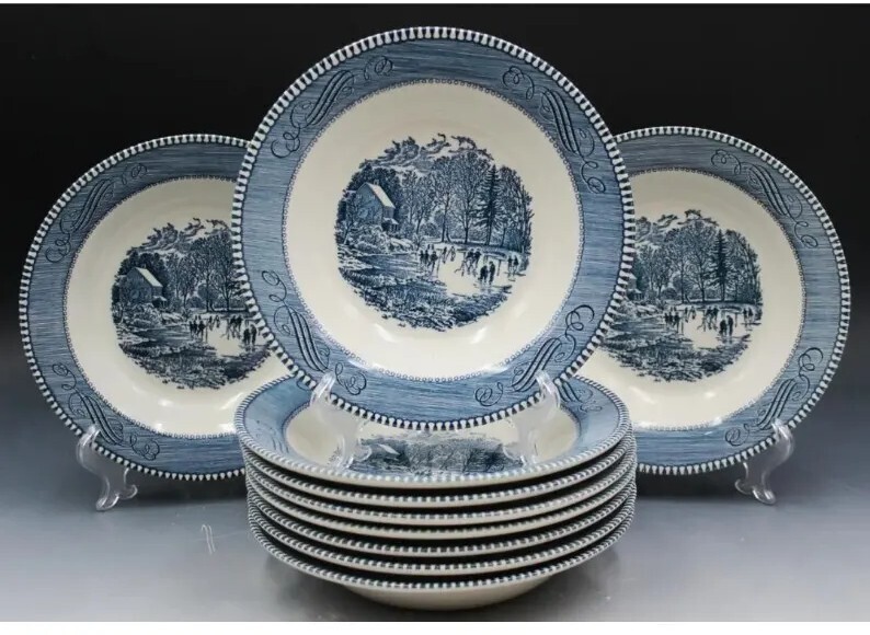 Set of 9 Currier Ives Rimmed Soup Bowls Imperial Blue Early Winter 8 1/2\ Set of 9 Currier Ives Rimmed Soup Bowls Imperial Blue Early Winter 8 1/2\