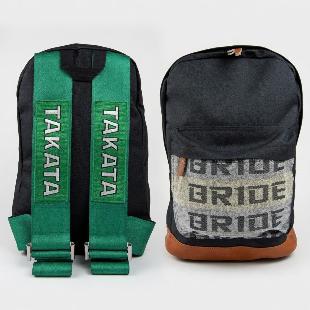 JDM BRIDE RACING BACKPACK WITH GREEN RACING HARNESS ADJUSTABLE SHOULDER STRAPS
