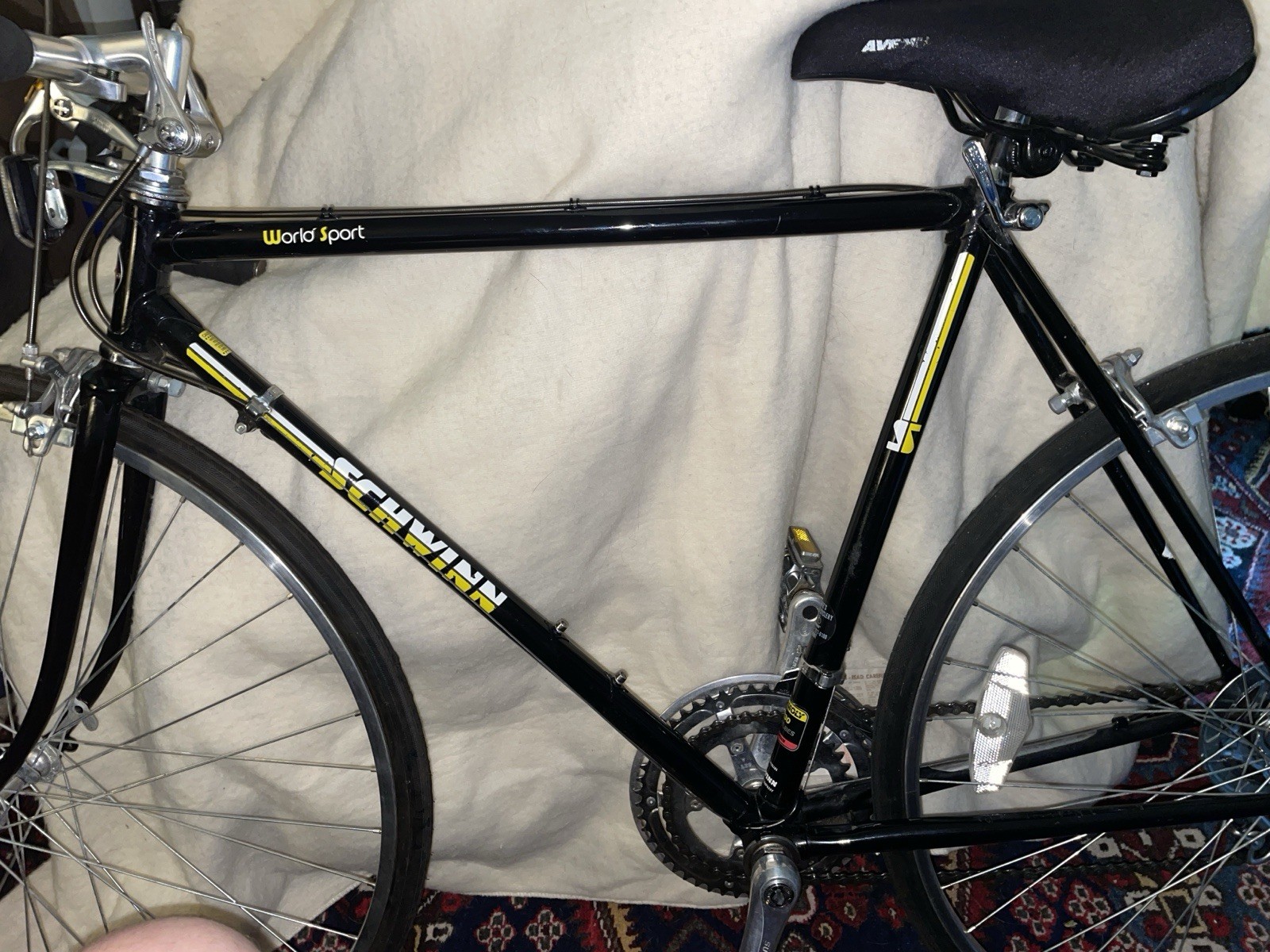 1984 Schwinn World Sport 4130 Chromoly Black With White And Yellow Stripes.