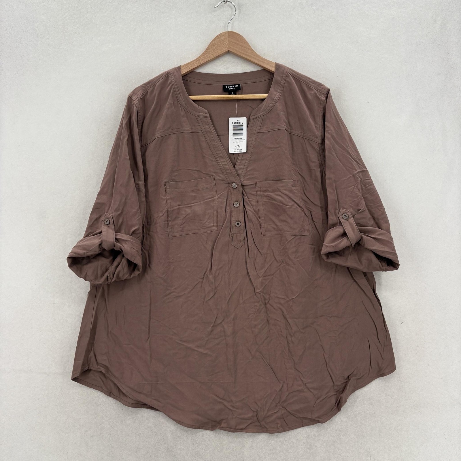 Torrid Harper Challis Blouse Womens 1X Plus Brown V Neck 3/4 Roll Tab Tunic NWT