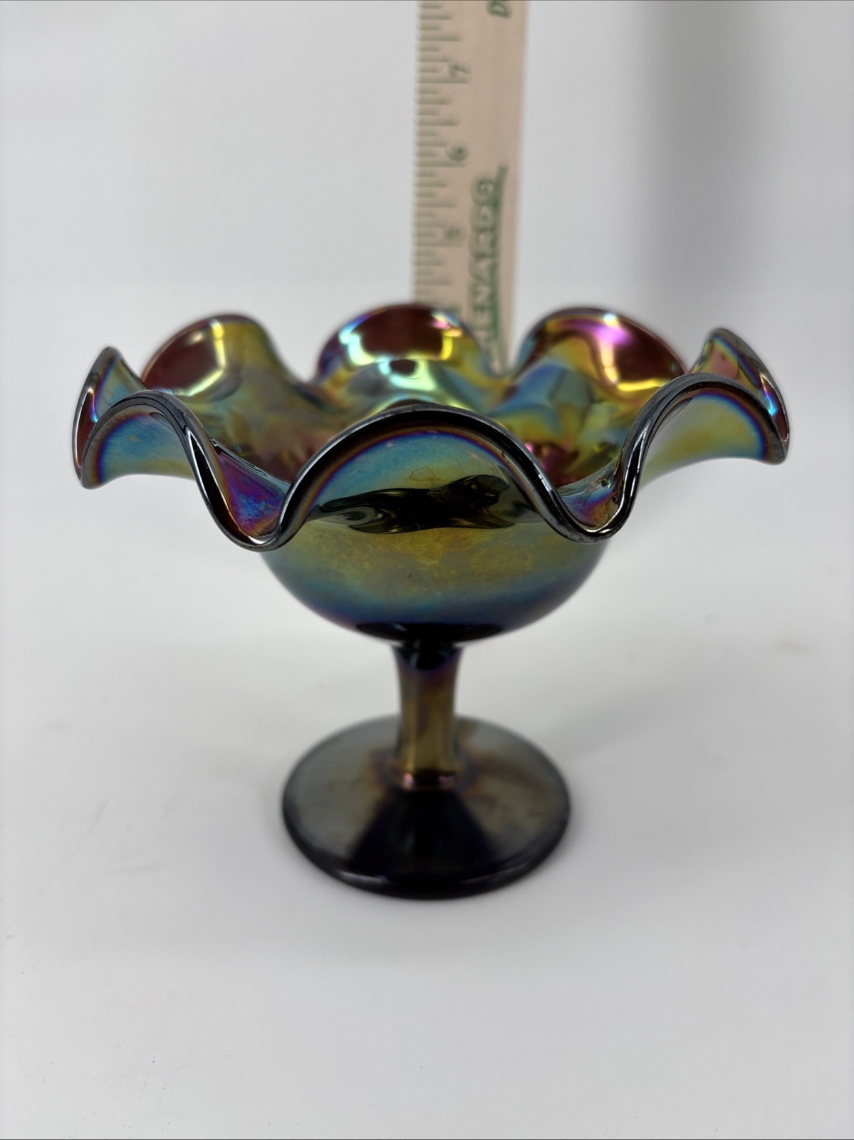 Antique Imperial Amethyst Scroll Embossed Carnival Glass Compote Iridescent
