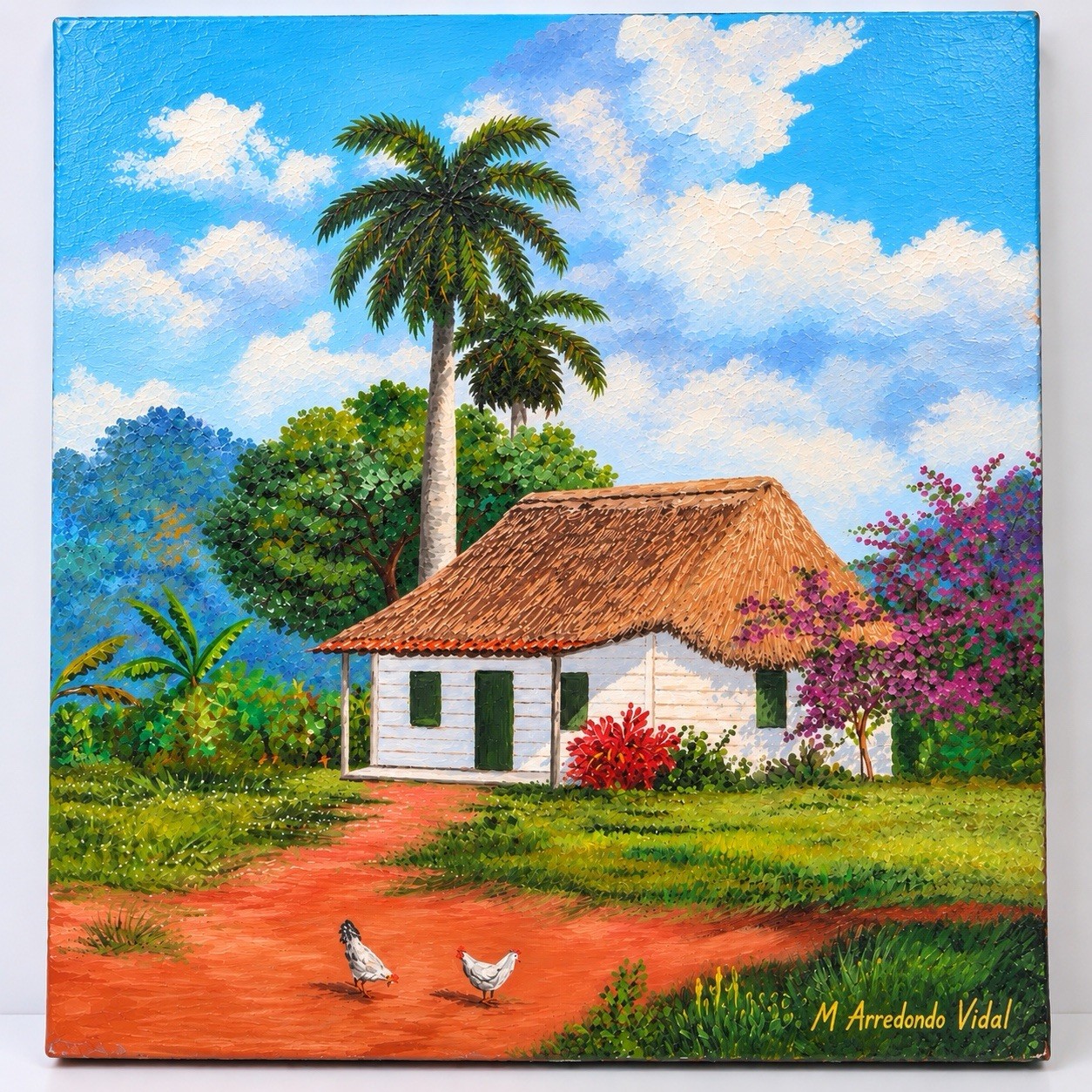 M. Arredondo Vidal Signed Original Tropical Cottage Palm Tree Painting 8x10