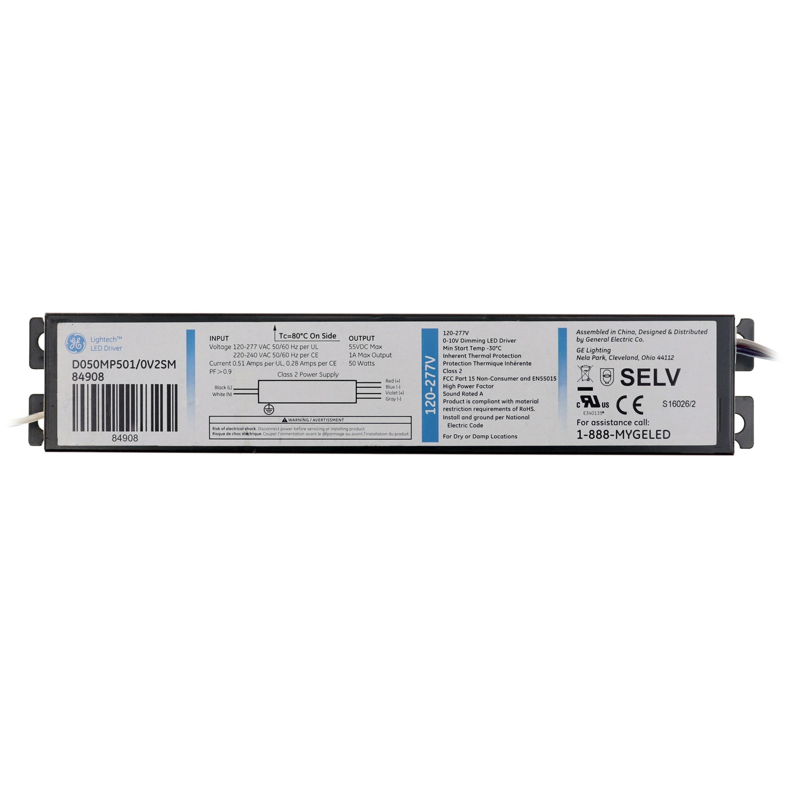 GE D050MP501/0V2SM 84908 LED DRIVER, 0-10V DIMMABLE, 1000MA, 50W, 55VDC, 120-277 GE D050MP501/0V2SM 84908 LED DRIVER, 0-10V DIMMABLE, 1000MA, 50W, 55VDC, 120-277