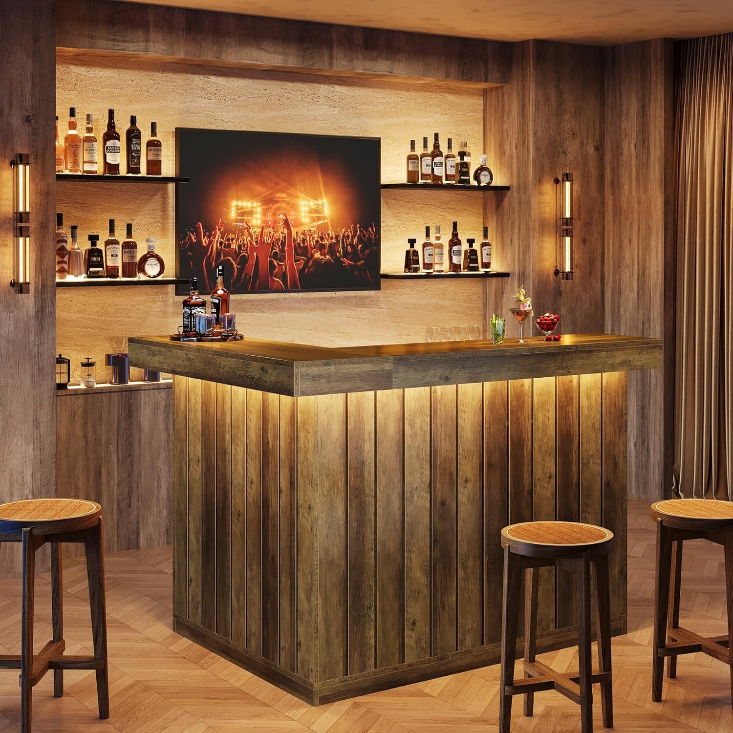 L Shaped Bar Table with Storage Shelves Industrial 4-Tier Corner Home Bar Unit