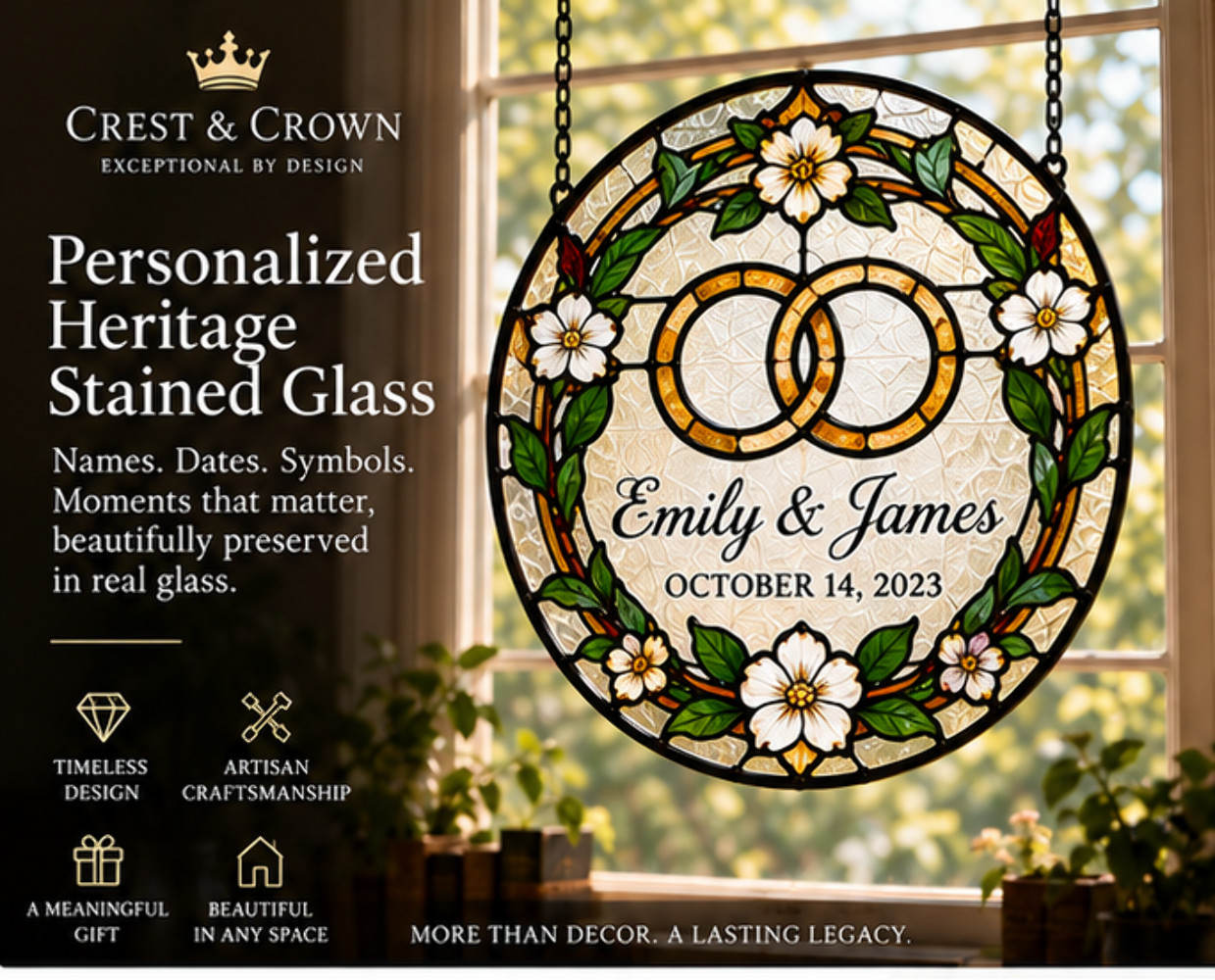 Personalized Heritage Stained Glass | Custom Surname, Monogram & Milestone Panel