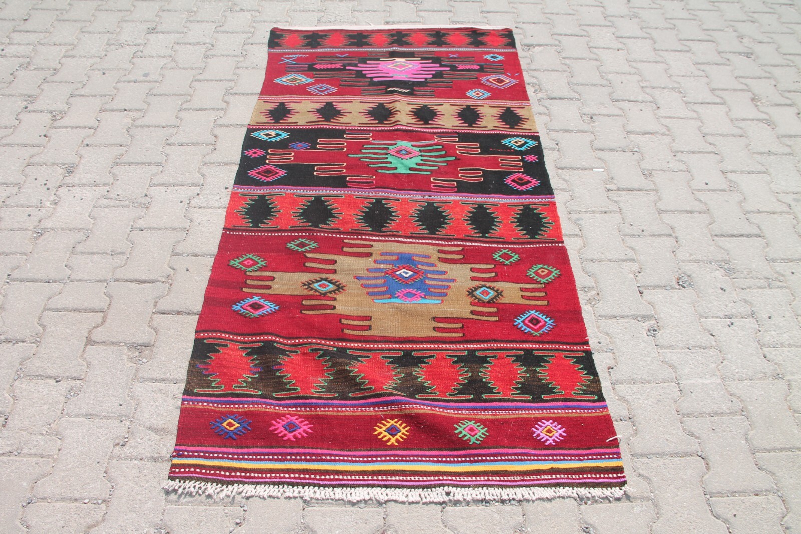 3x6 ft Rustic Red, Black Vintage Turkish Kilim Handmade Ethnic Accent Area