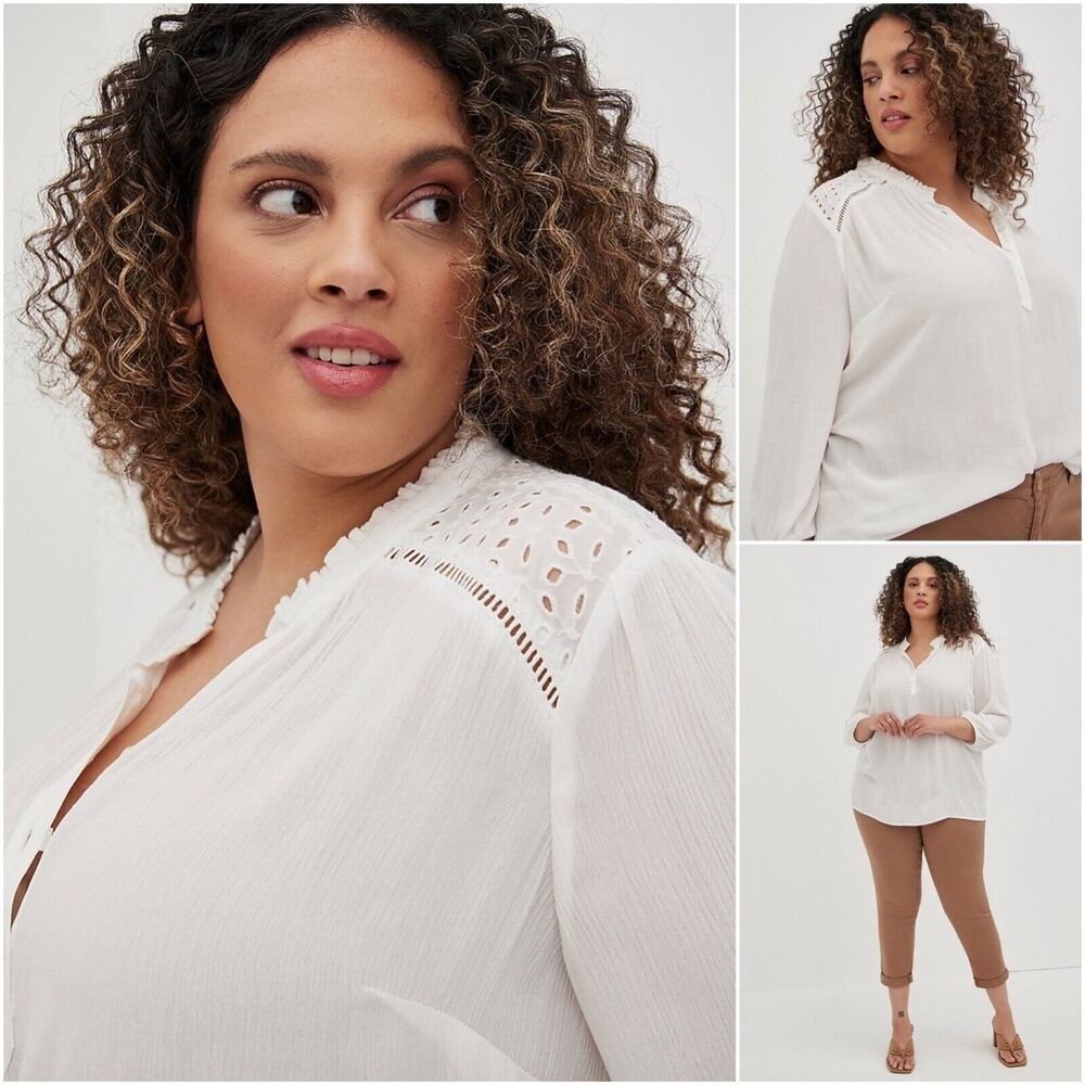 Torrid Womens White Gauze Eyelet Yoke LS Blouse Top 2 2X 17174281
