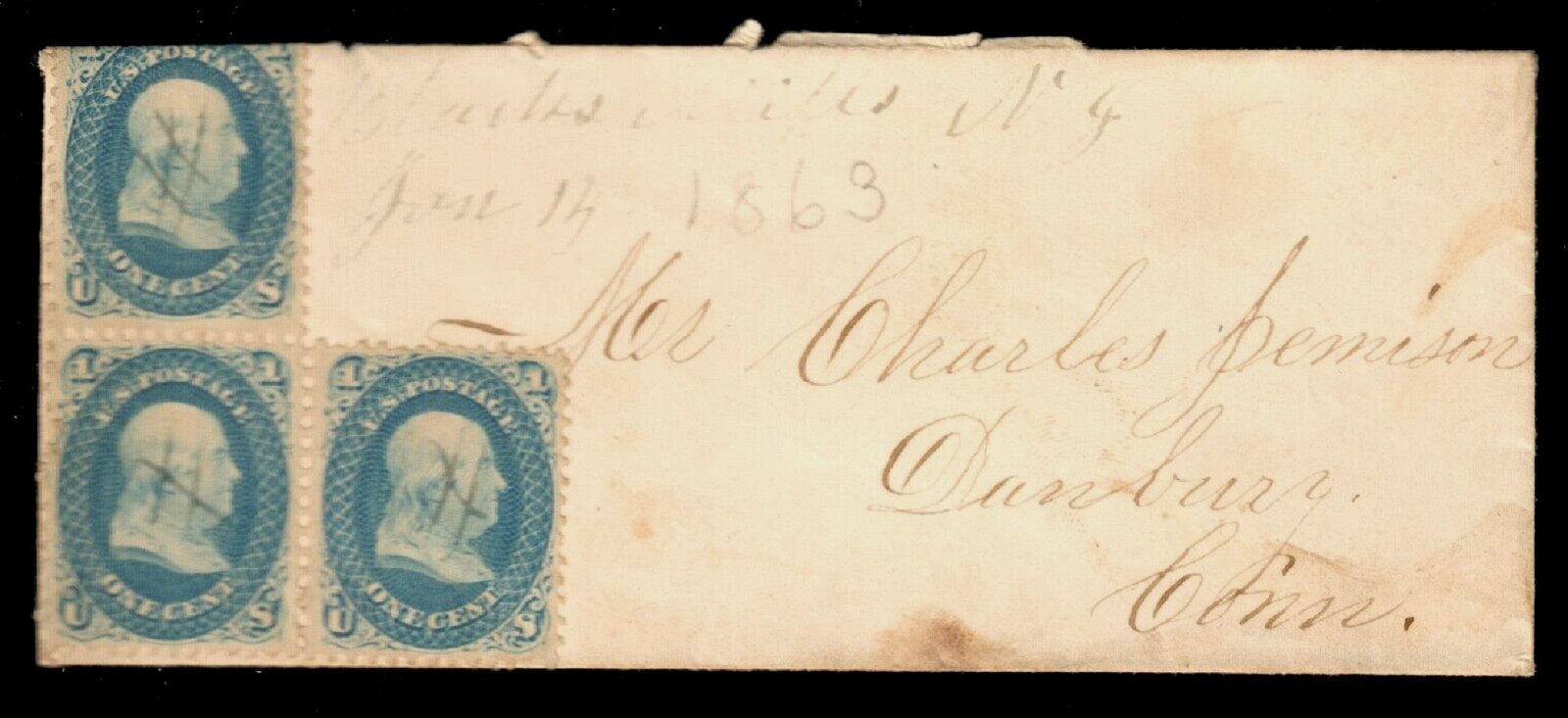 US#63 - IRREGULAR BLOCK of 3 on BLACK\'S MILLS, NJ to CT  - MS Cancel DPO Cover 