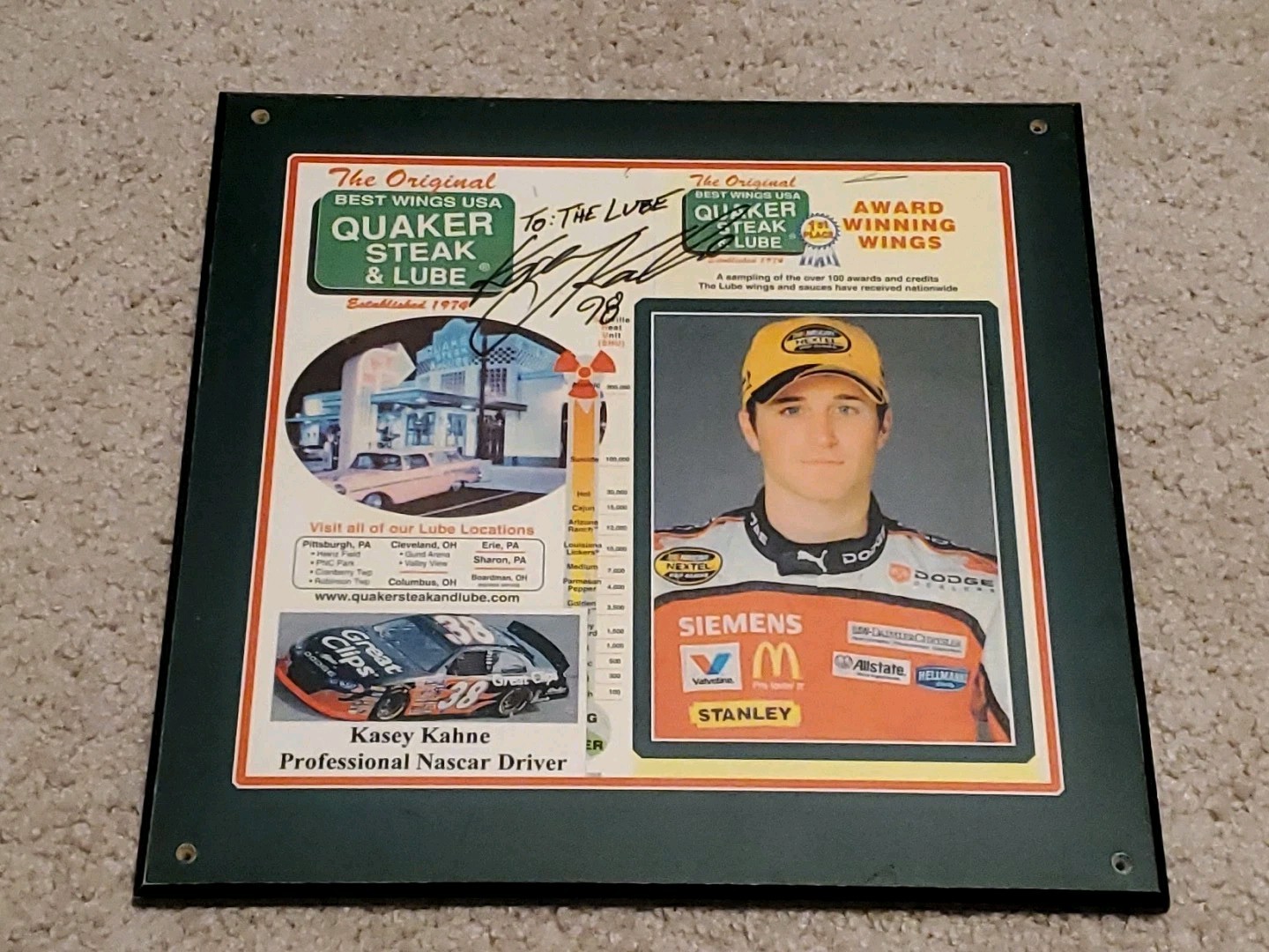 Kasey Kahne AUTOGRAPHED Quaker Steak & Lube Display SIGNED Hung in RESTAURANT