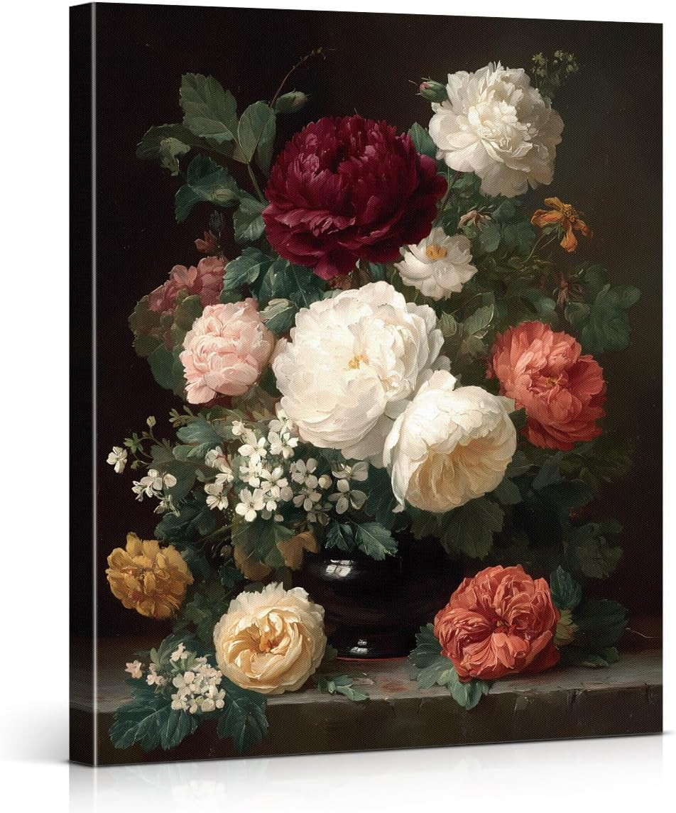 Vintage Floral Wall Art Print - Peony Still Life Painting Artwork - Dark Academi