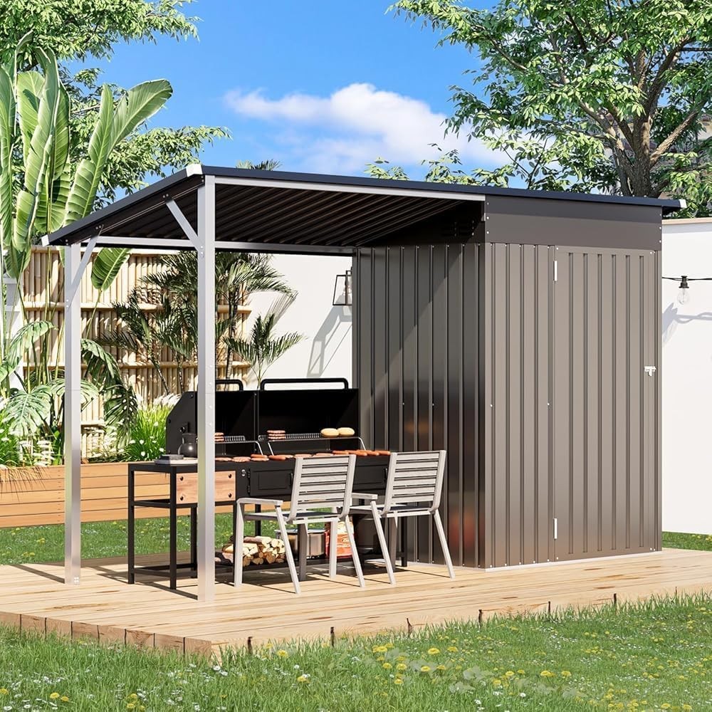 2-in-1 Outdoor Open-Sided Metal Storage Shed with Attached Hardtop Metal Gazebo