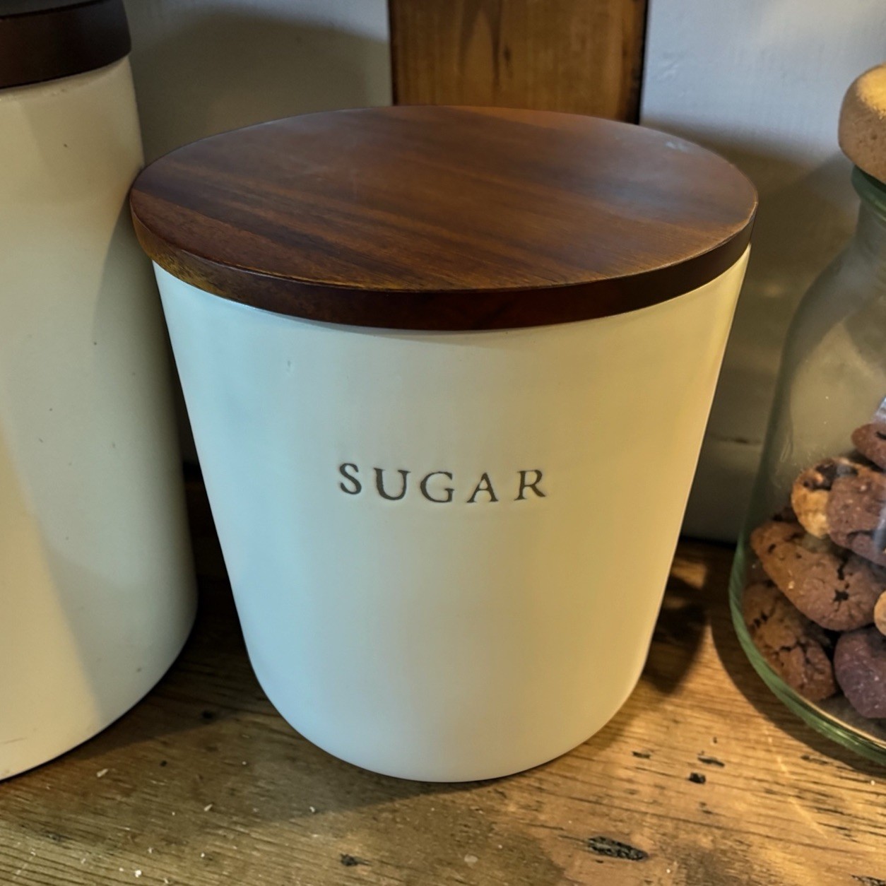 NEW Hearth & Hand Magnolia Sugar Canister Cream Stoneware Wood Lid NWT NEW Hearth & Hand Magnolia Sugar Canister Cream Stoneware Wood Lid NWT