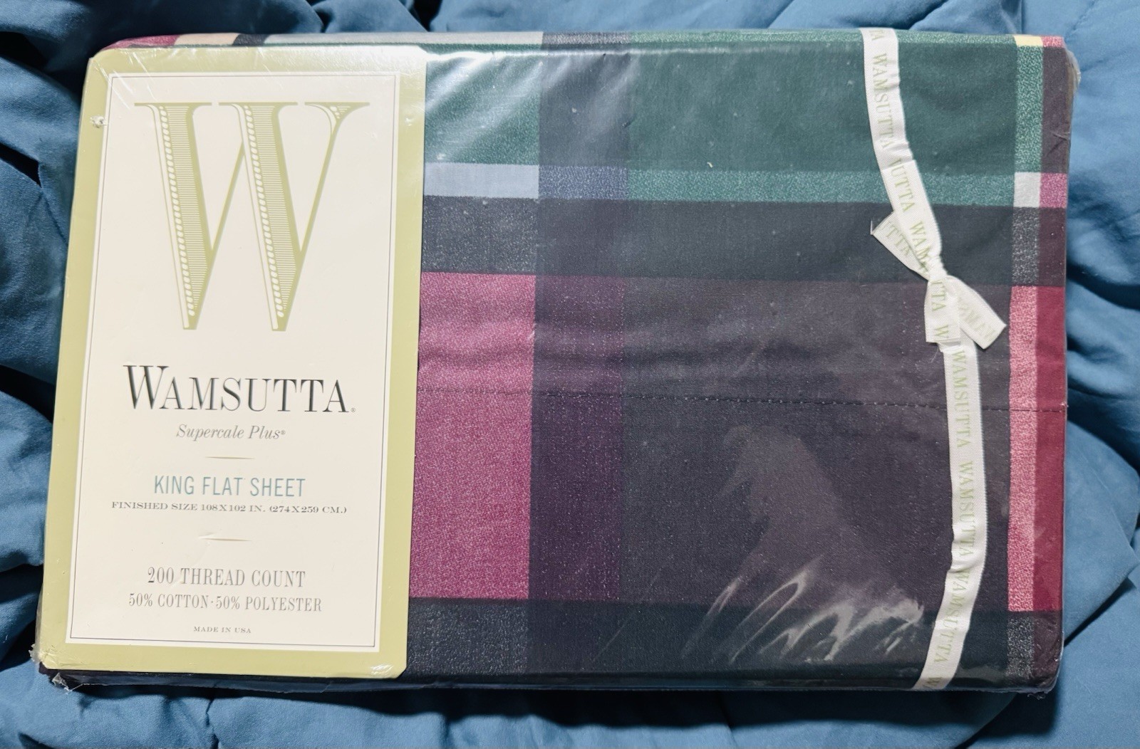 VTG Wamsutta Supercale Plus King Flat Sheet Tyler Plaid Hunter 200 TC NOS USA