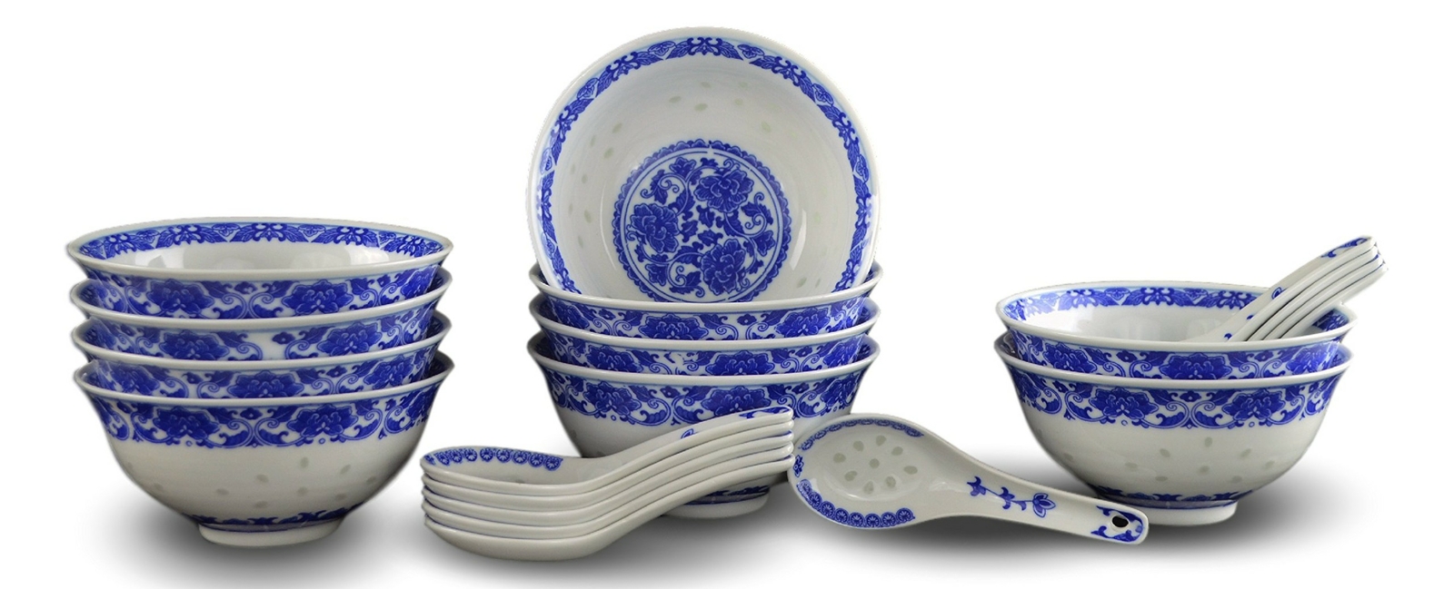 10 Pcs Fine Porcelain Blue and White Rice Pattern Bowls, Cereal Bowls, Rice B...