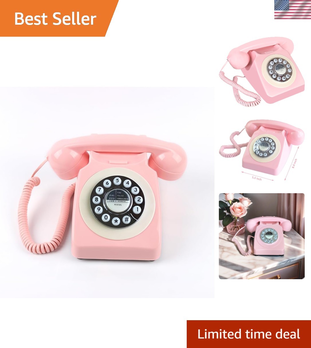 Classic Retro Pink Landline Phone with Push Button and Volume Control Features
