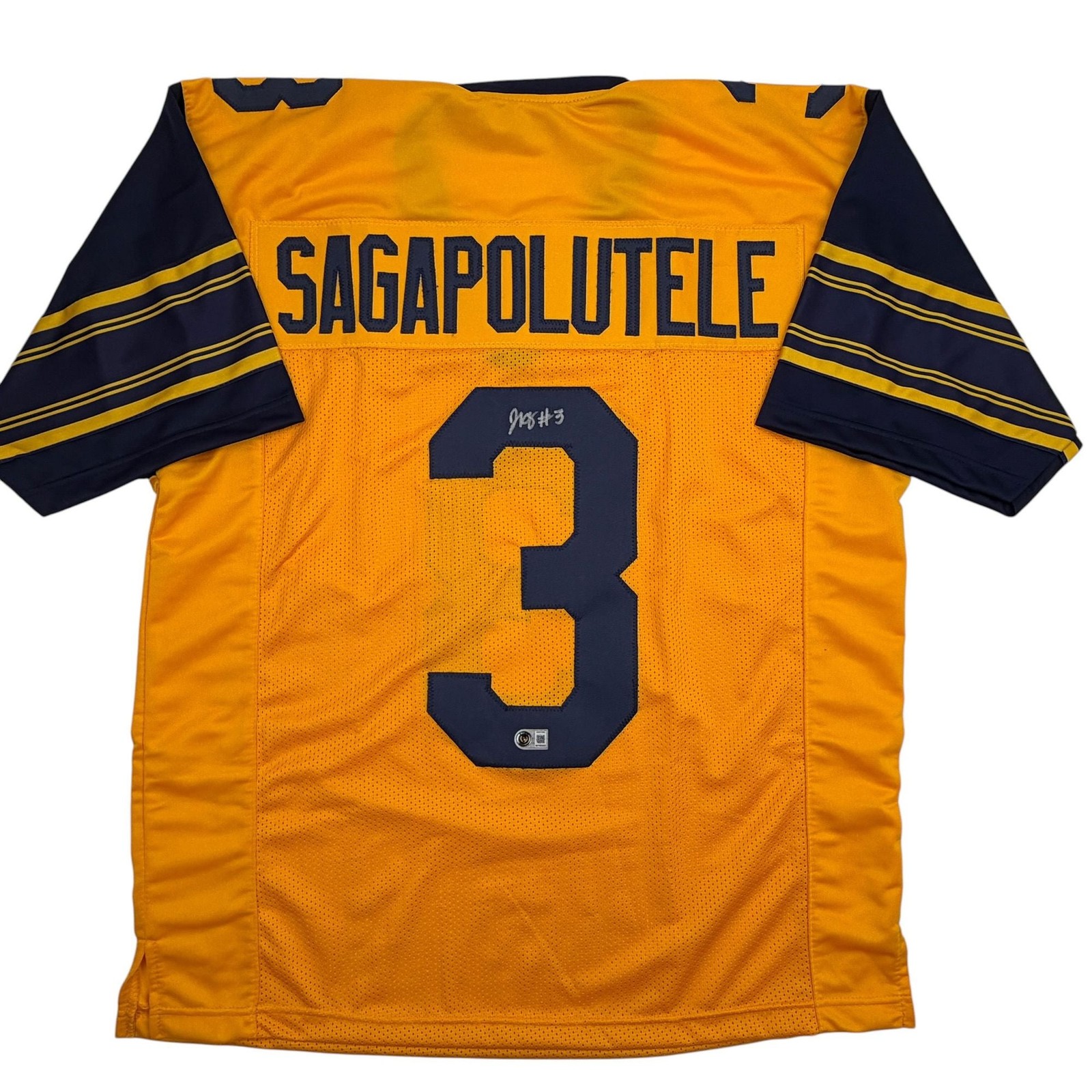 Autographed/Signed Jaron-Keawe Sagapolutele Cal Yellow Jersey Beckett COA
