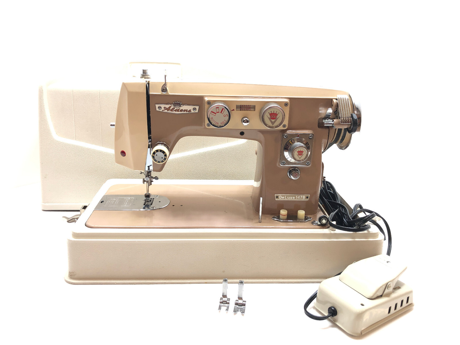 Vintage Aldens Deluxe 147B Sewing Machine with Carrying Case and Presser Feet Vintage Aldens Deluxe 147B Sewing Machine with Carrying Case and Presser Feet