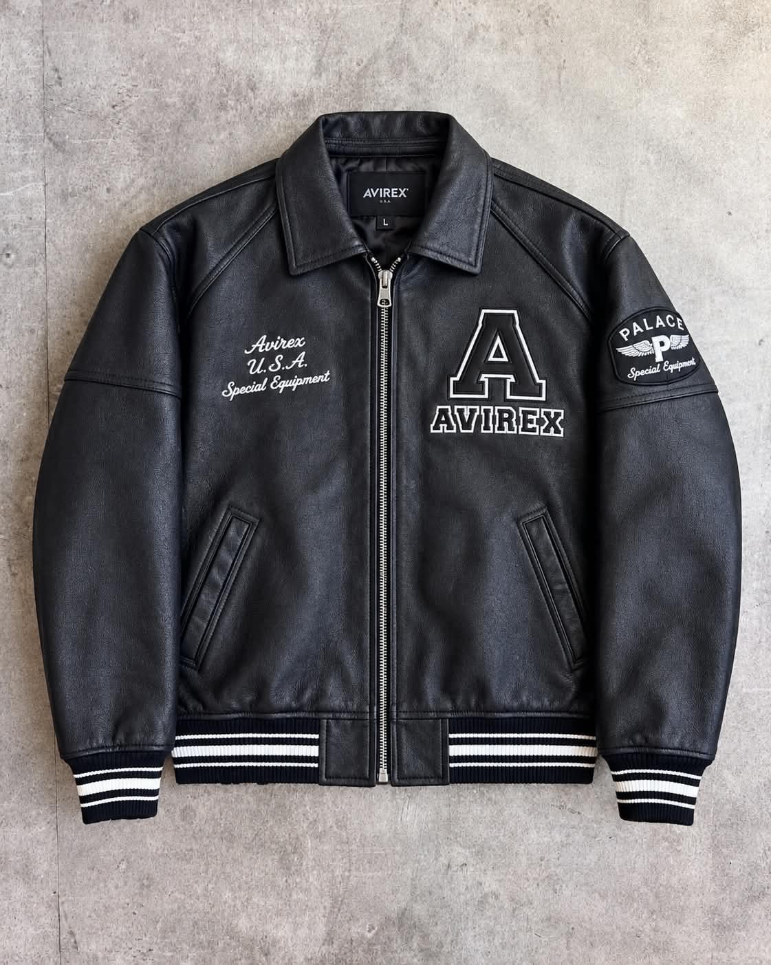 Avirex X Palace London Black Leather Varsity Jacket Men’s Bomber Streetwear. Avirex X Palace London Black Leather Varsity Jacket Men’s Bomber Streetwear.