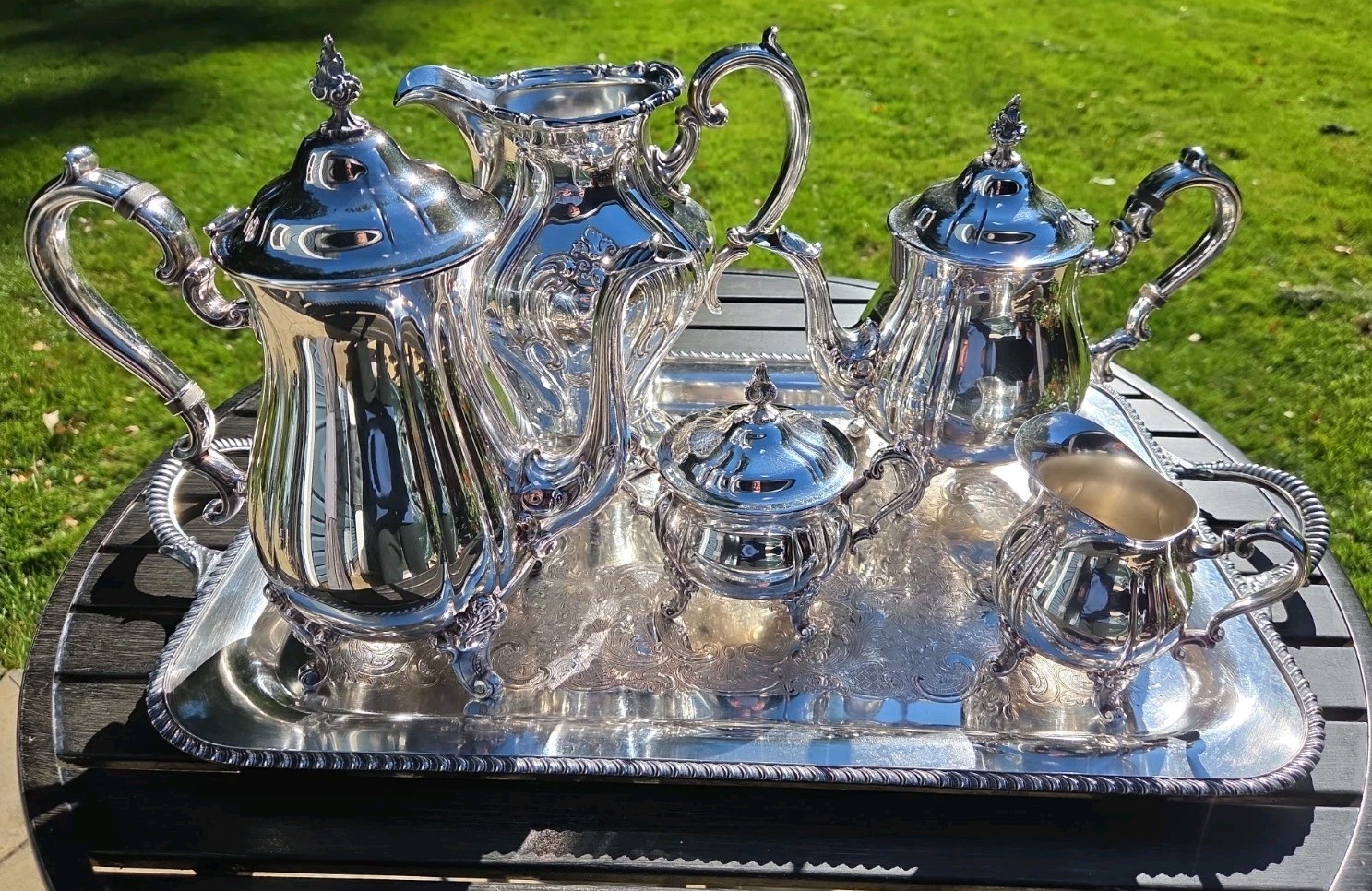 Vintage Gorham Silver Plated 6 Piece Tea Set Includes Tray and Water Pitcher Vintage Gorham Silver Plated 6 Piece Tea Set Includes Tray and Water Pitcher