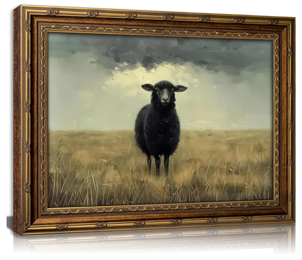 Vintage Gold Framed Vintage Sheep Wall art Antique Country Sheep Oil Painting