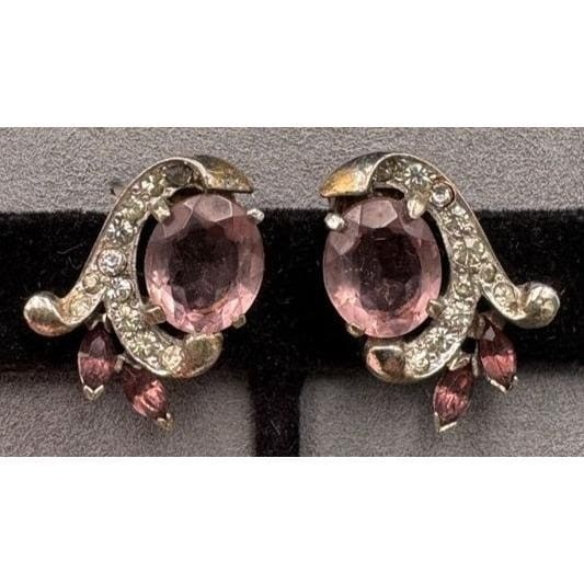 Vintage Mazer Jomaz Earrings Sterling Silver Clip Purple Clear Rhinestones 1\
