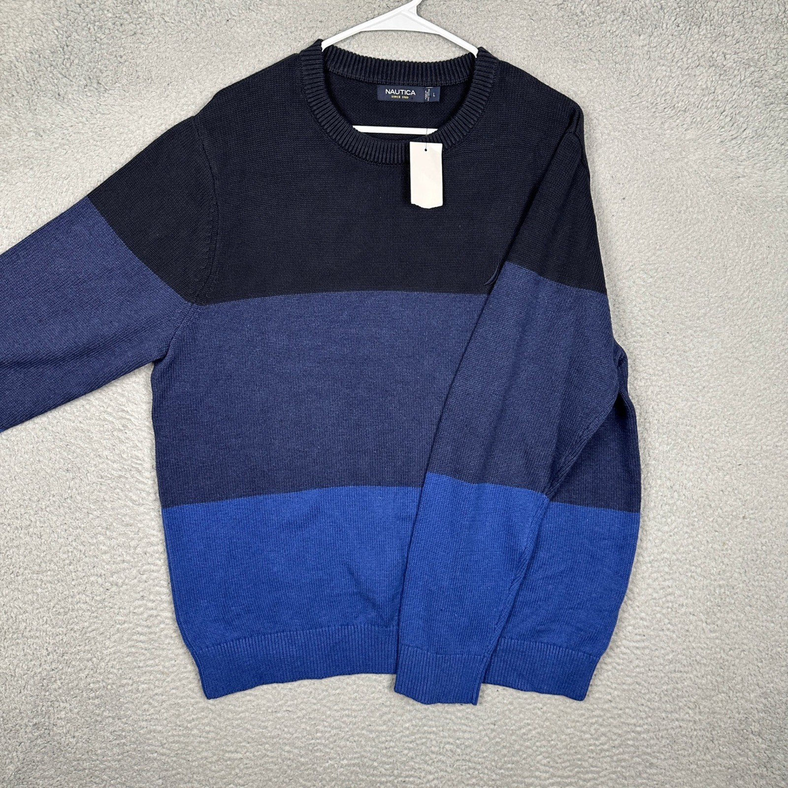 NEW Nautica Sweater Mens Large Blue Navy Colorblock Soft Knit Crewneck Pullover