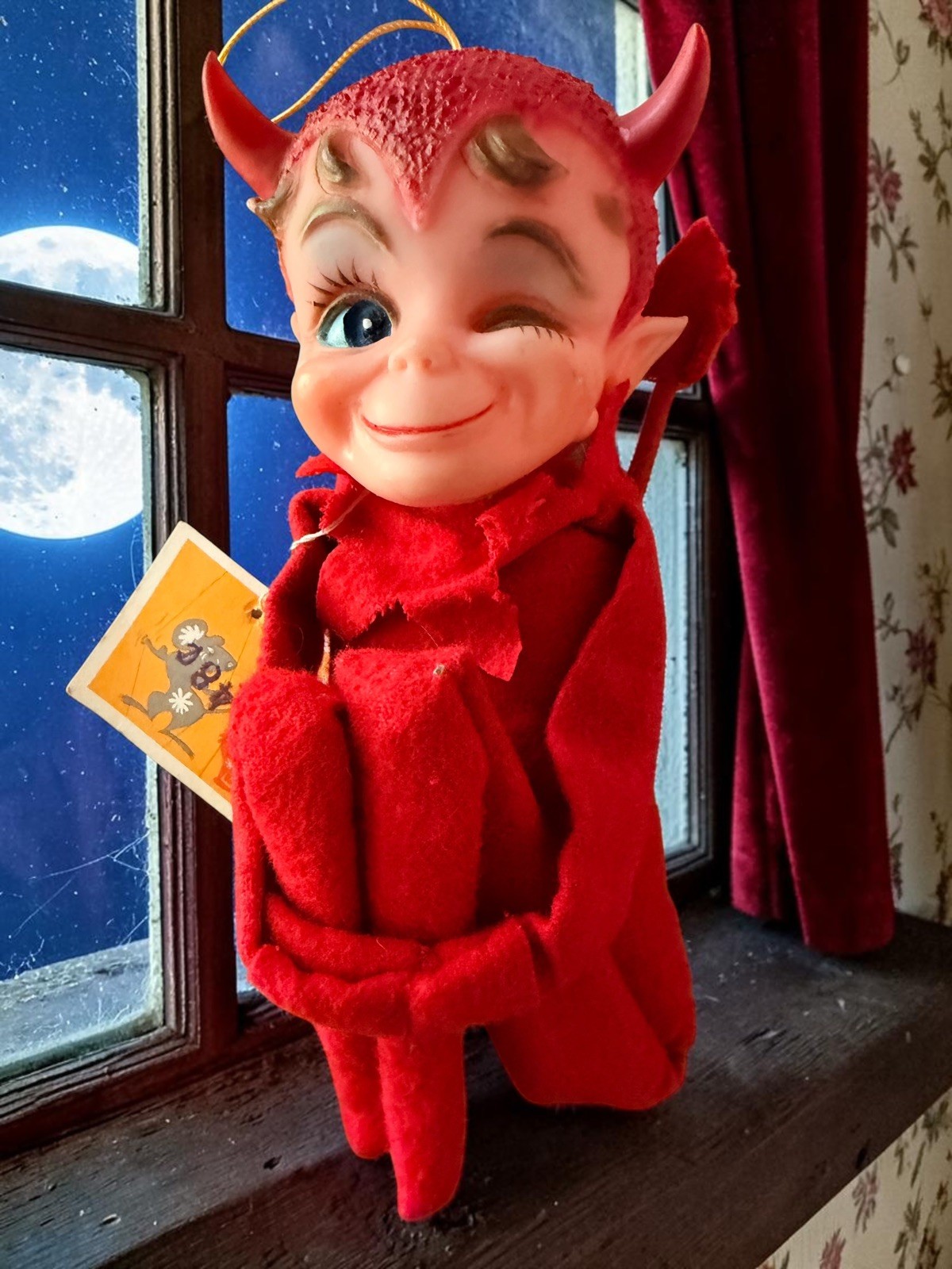 Vintage 1967 KAMAR Japan Winking Red Devil Knee Hugger Halloween Elf with TAG 🎃