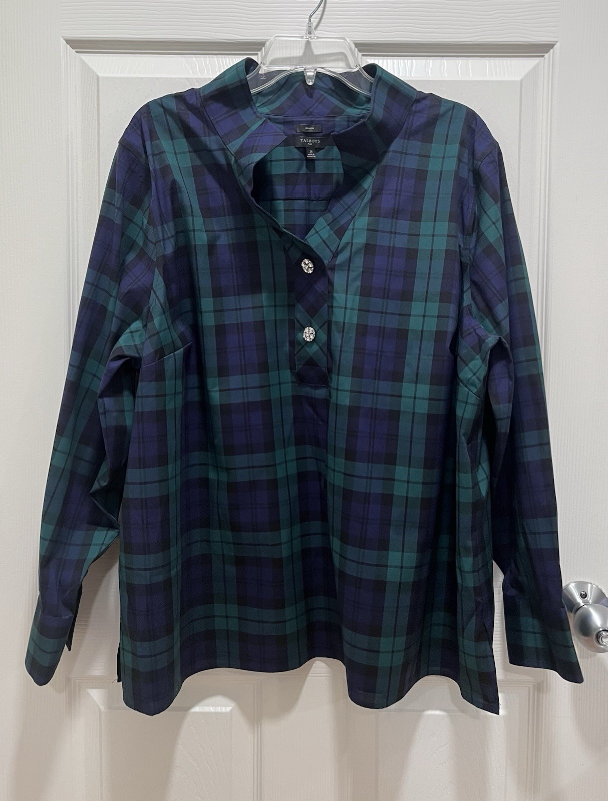 TALBOTS Non Iron Popover Tunic Shirt Green Blue Plaid Jewel Button Size 2X