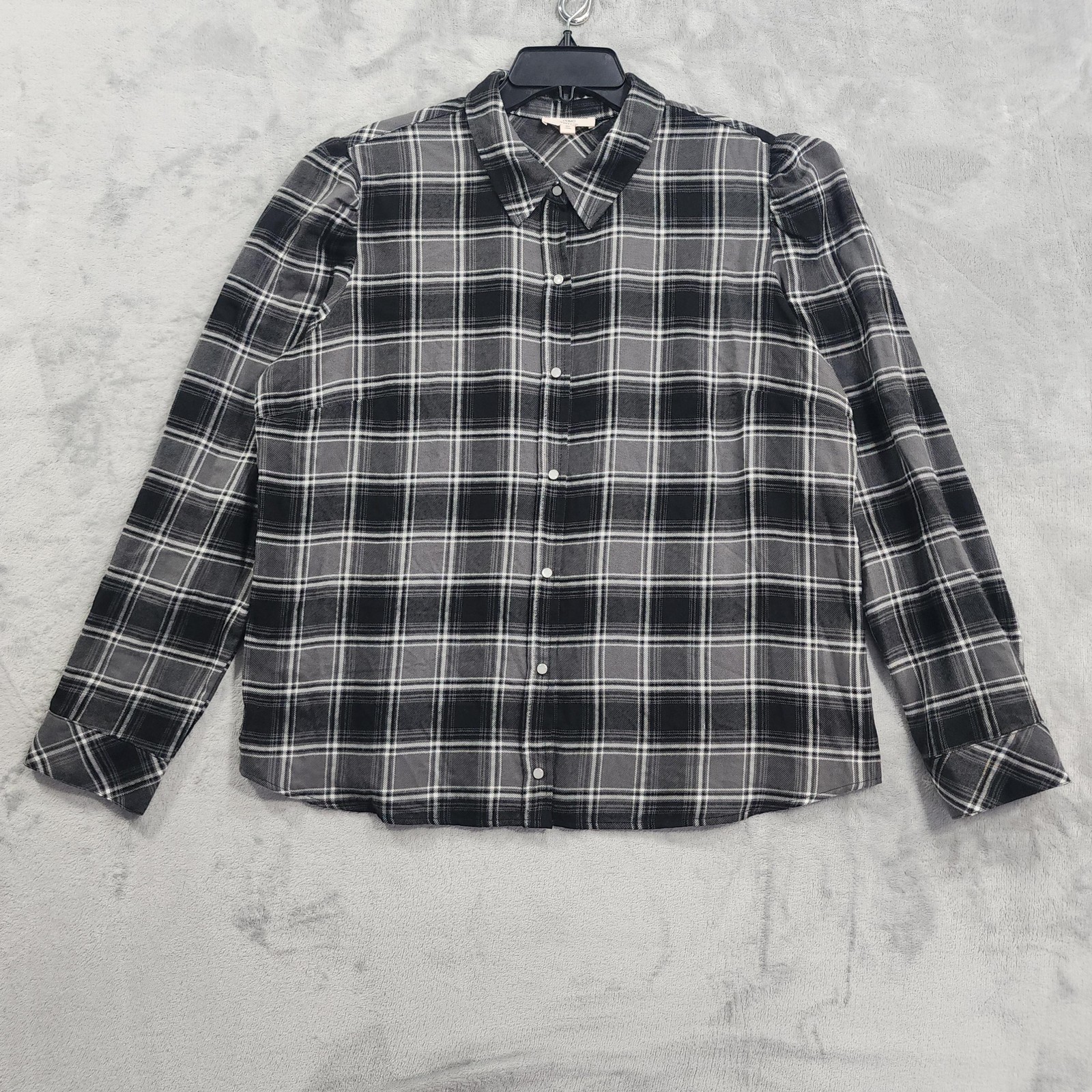 NEW Como Vintage Shirt Womens XL Black Plaid Button Up Puff Sleeve Lightweight