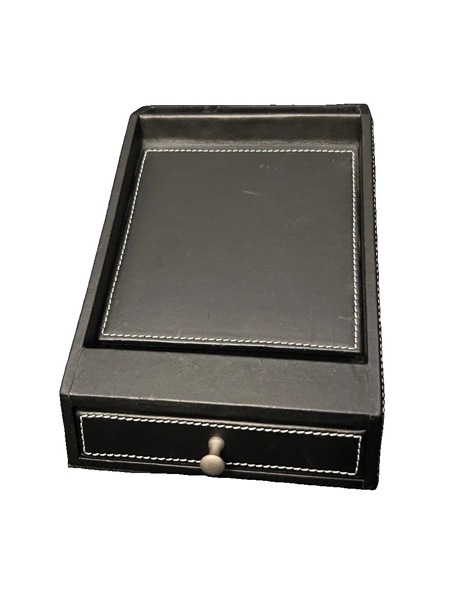 VTG Levenger Black Leather Desk Organizer 7x5 Pen Holder with Drawer White Trim