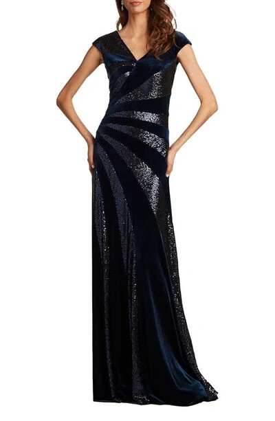 Tadashi Shoji Navy Blue Sequin Stripe Velvet Column Gown Size Large $518