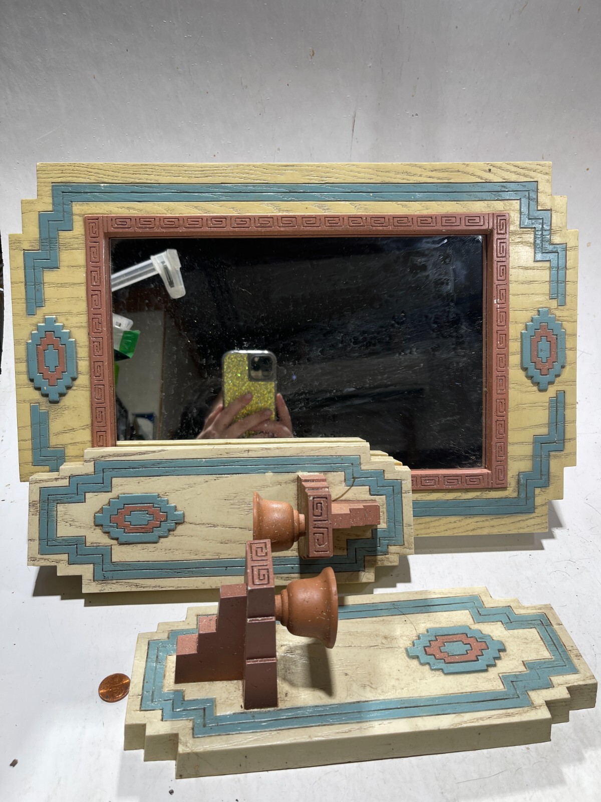 3 Vtg Burwood Wall Decor Aztec Mirror W/ Candle Holders