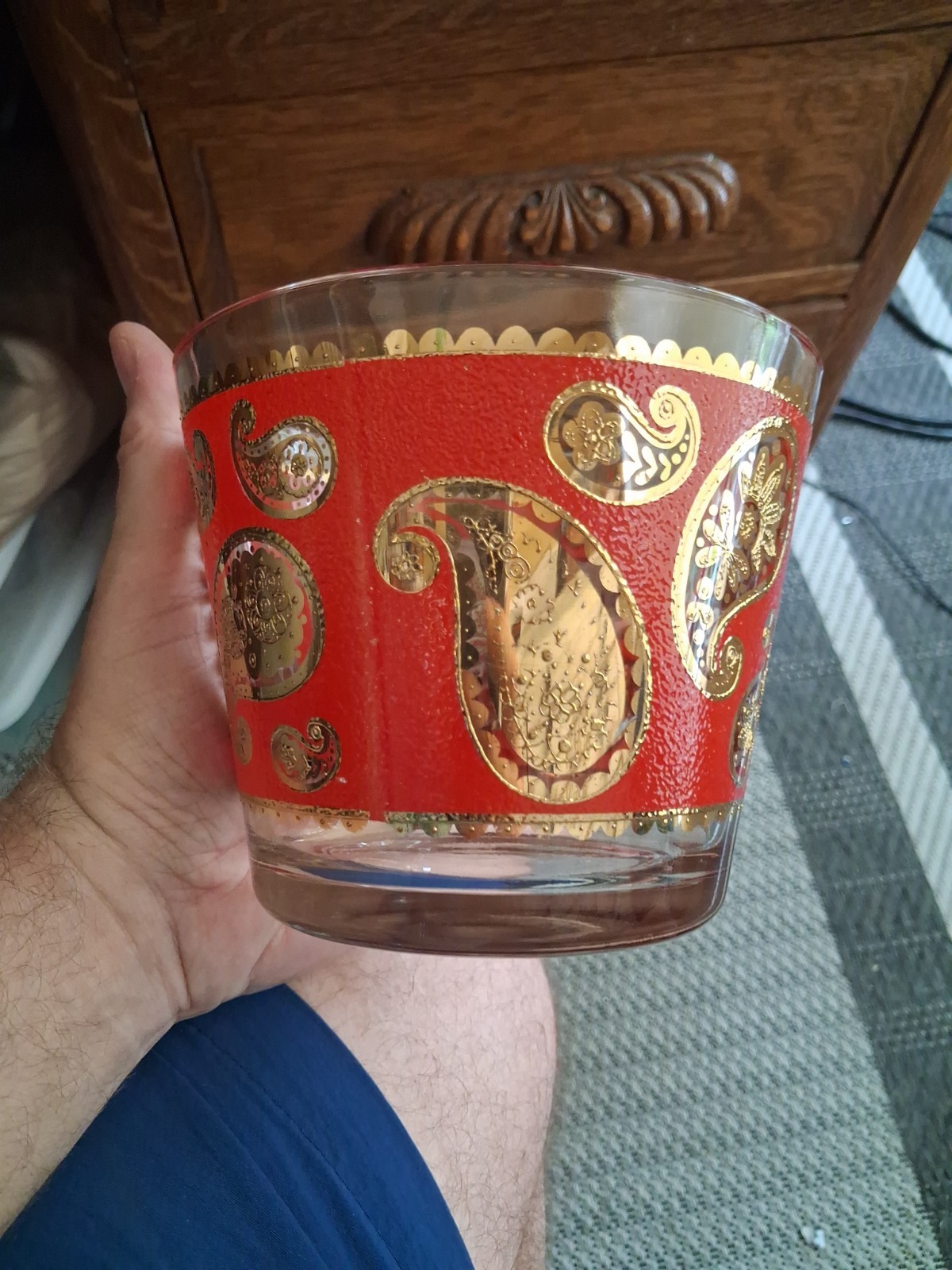 Culver Ltd Ice Bucket Red Paisley 22K Gold Vintage Barware MCM Signed Glass