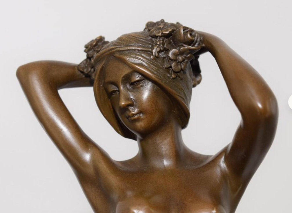 Bronze Woman Statue Sculpture Female Art Lady Flower Play in Hair Marble Decor
