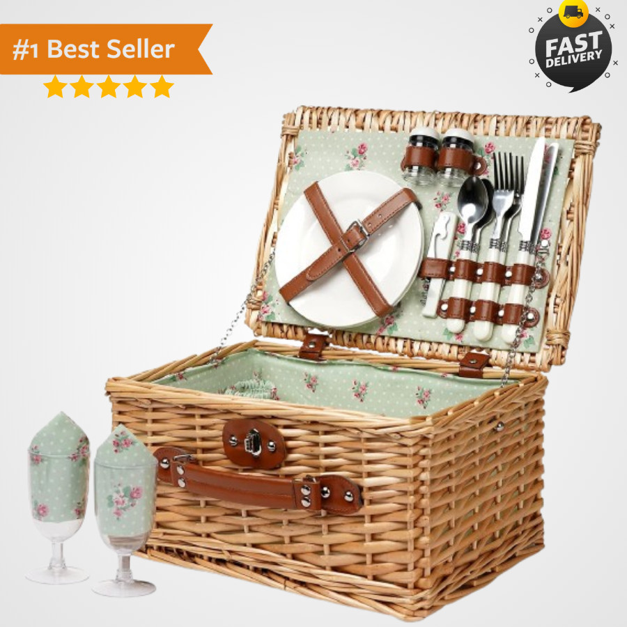 Wicker Picnic Basket for 2, Vintage Picnic Basket - Flower | Handmade 2 Person
