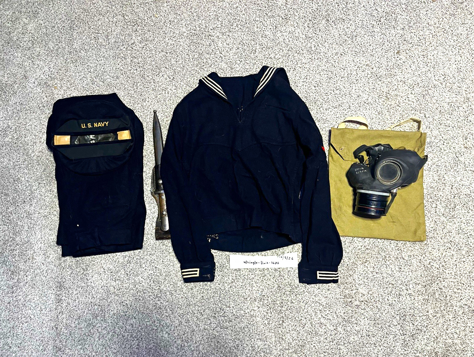 Original WW2 named US navy Sonar tech uniform, UK gas mask, and Turkish bayonet