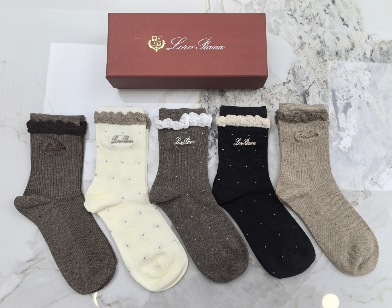Loro Piana Women Socks 5 Pairs Box Ruffle Edge Dotted Cotton Socks Loro Piana Women Socks 5 Pairs Box Ruffle Edge Dotted Cotton Socks