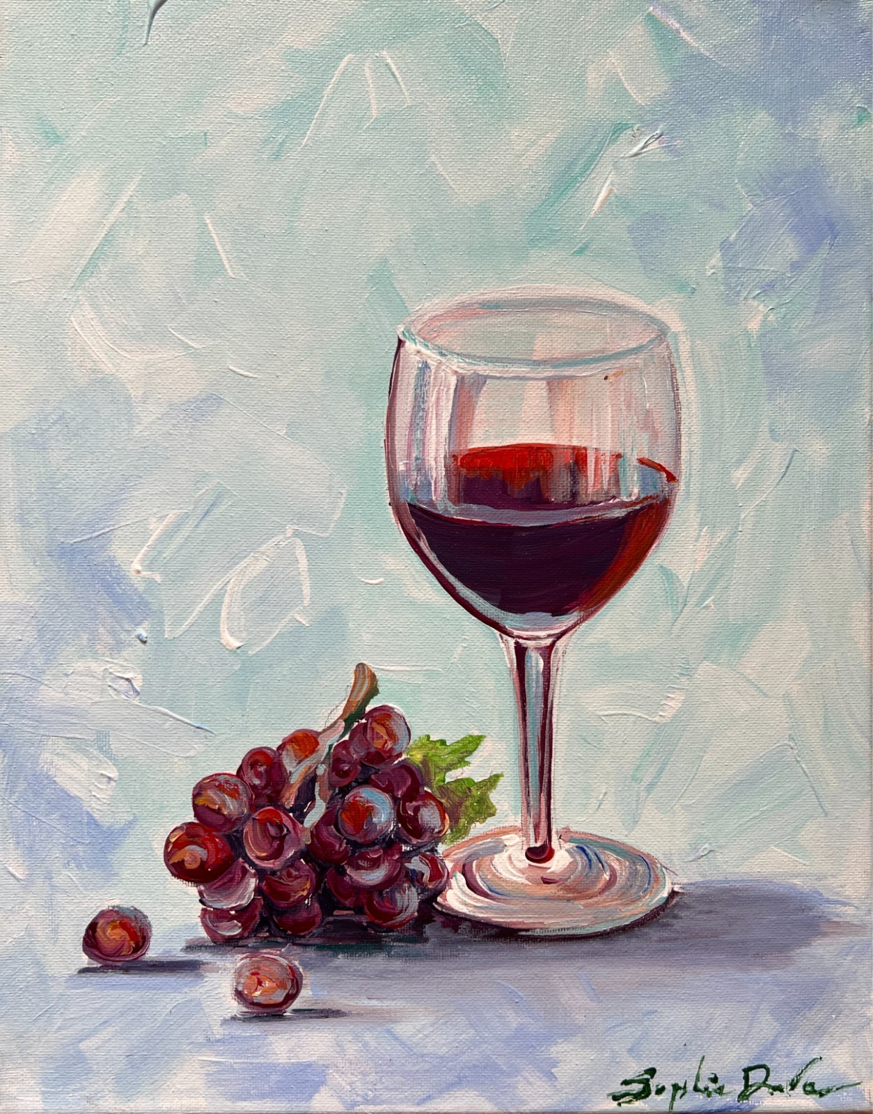 Sophie Dare, Original Art, 11X14 Acrylic canvas Red Wine on Blue