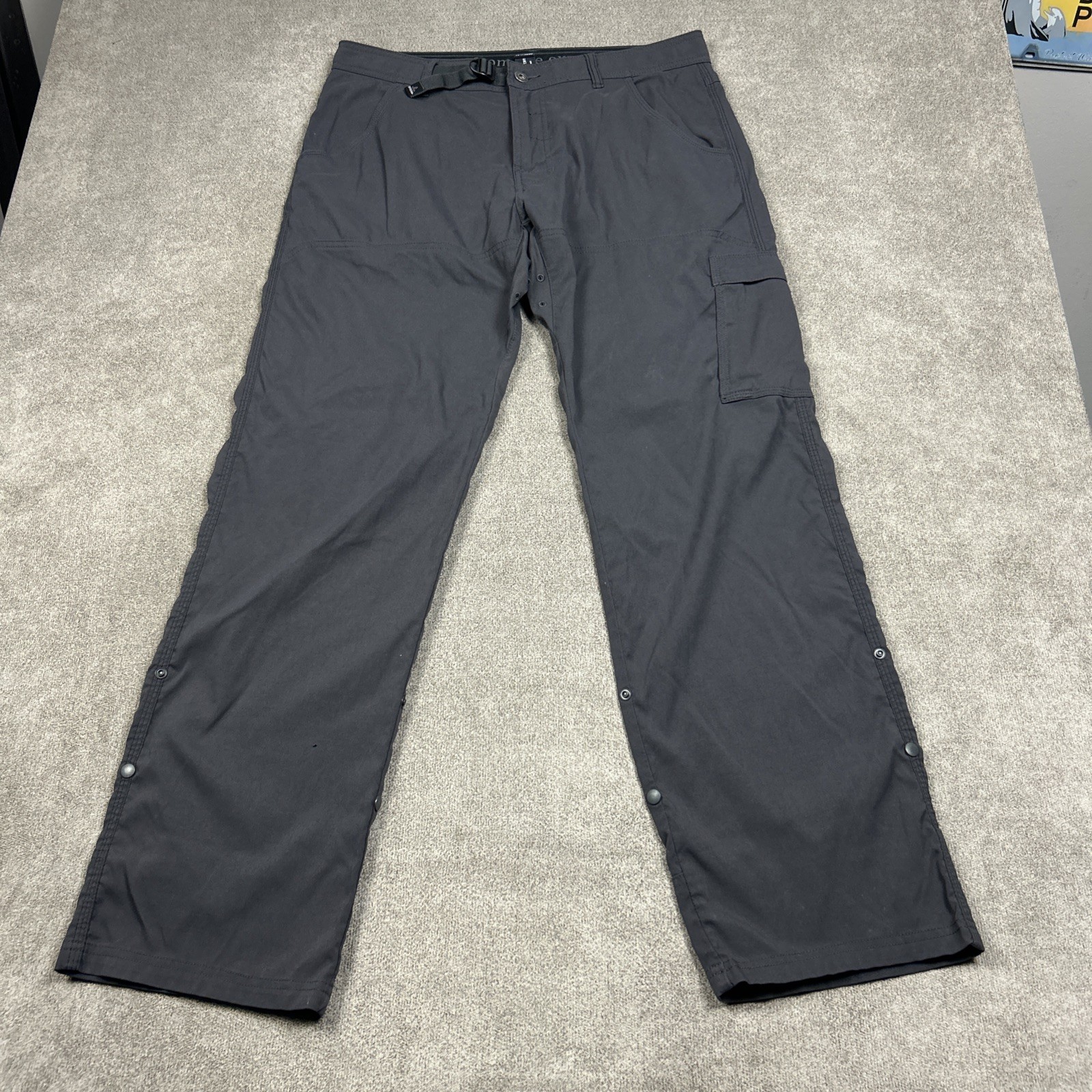 Prana Zion Pants Mens 33x32 Charcoal Gray Hiking Cargo Belted Outdoor Stretch