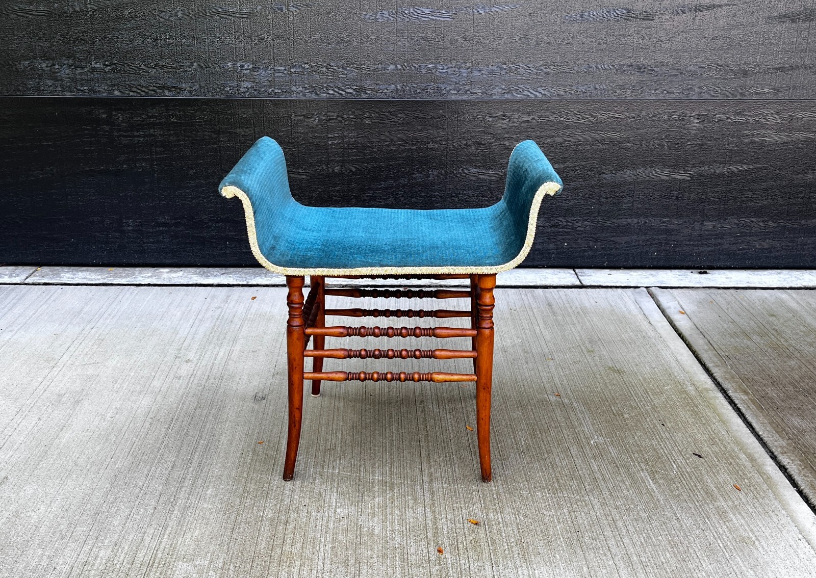 C. 19th C. Antique Scroll Mahogany Bentwood Bobbin Velvet Bench Chair
