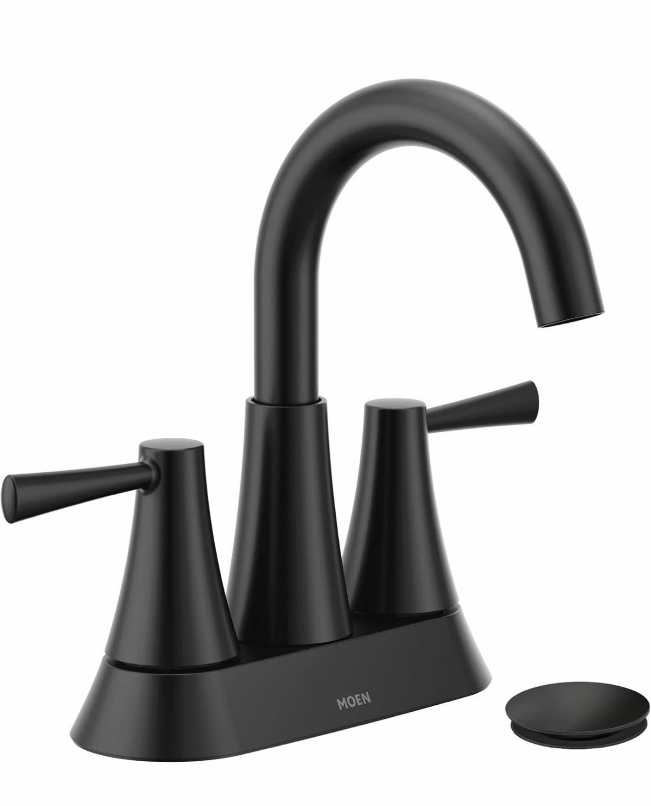 Moen 84022BL Ronan Matte Black Two Handle High Arc Bathroom Sink Faucet W/ Drain