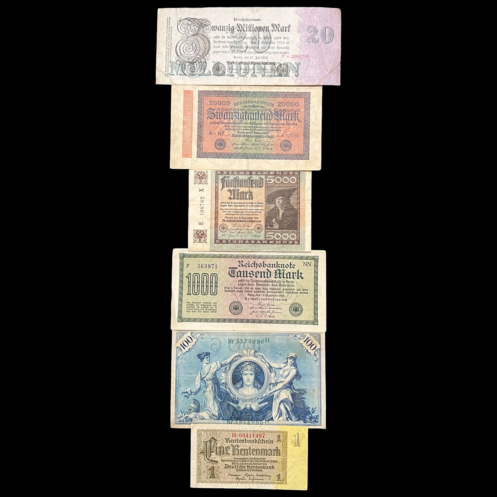 1908-1937 German 1-20 Million Mark Banknote Set Cash Bills WW2 WWII Hitler Relic
