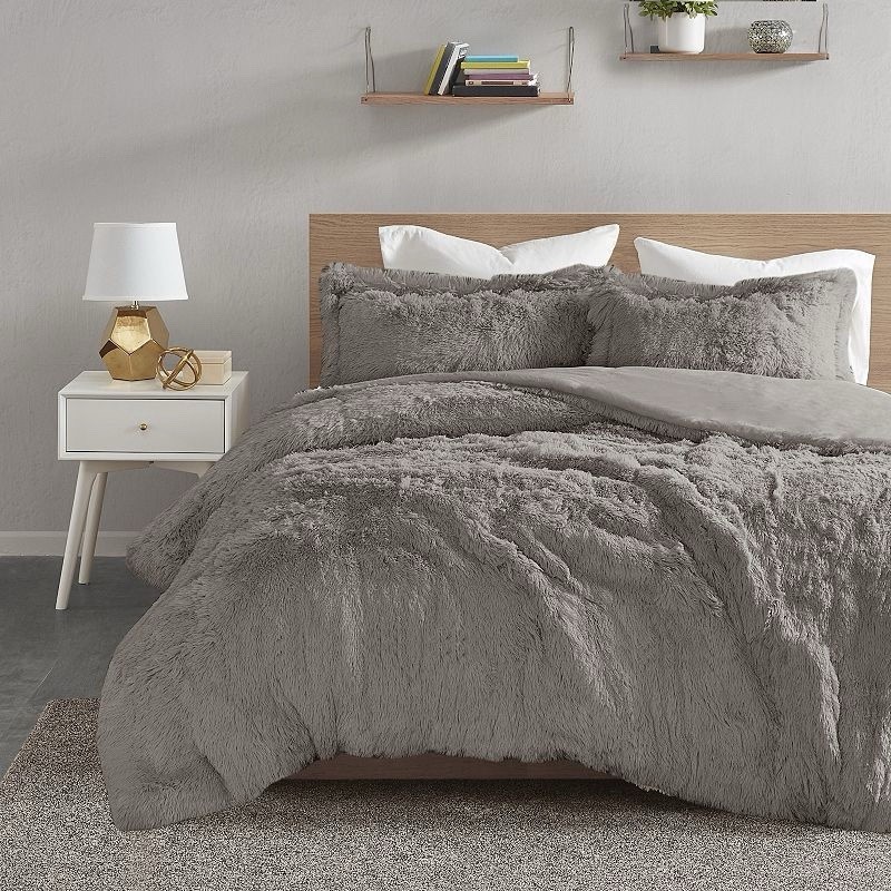 $150 Leena 3-piece Grey Full/Queen Shaggy Fur Duvet Cover Set $150 Leena 3-piece Grey Full/Queen Shaggy Fur Duvet Cover Set