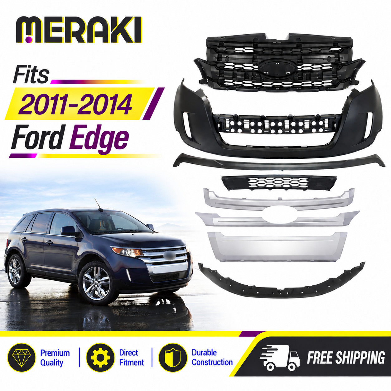 For 2011 2012 2013 2014 Ford Edge Front Bumper Cover Assembly Grille Grill Kit