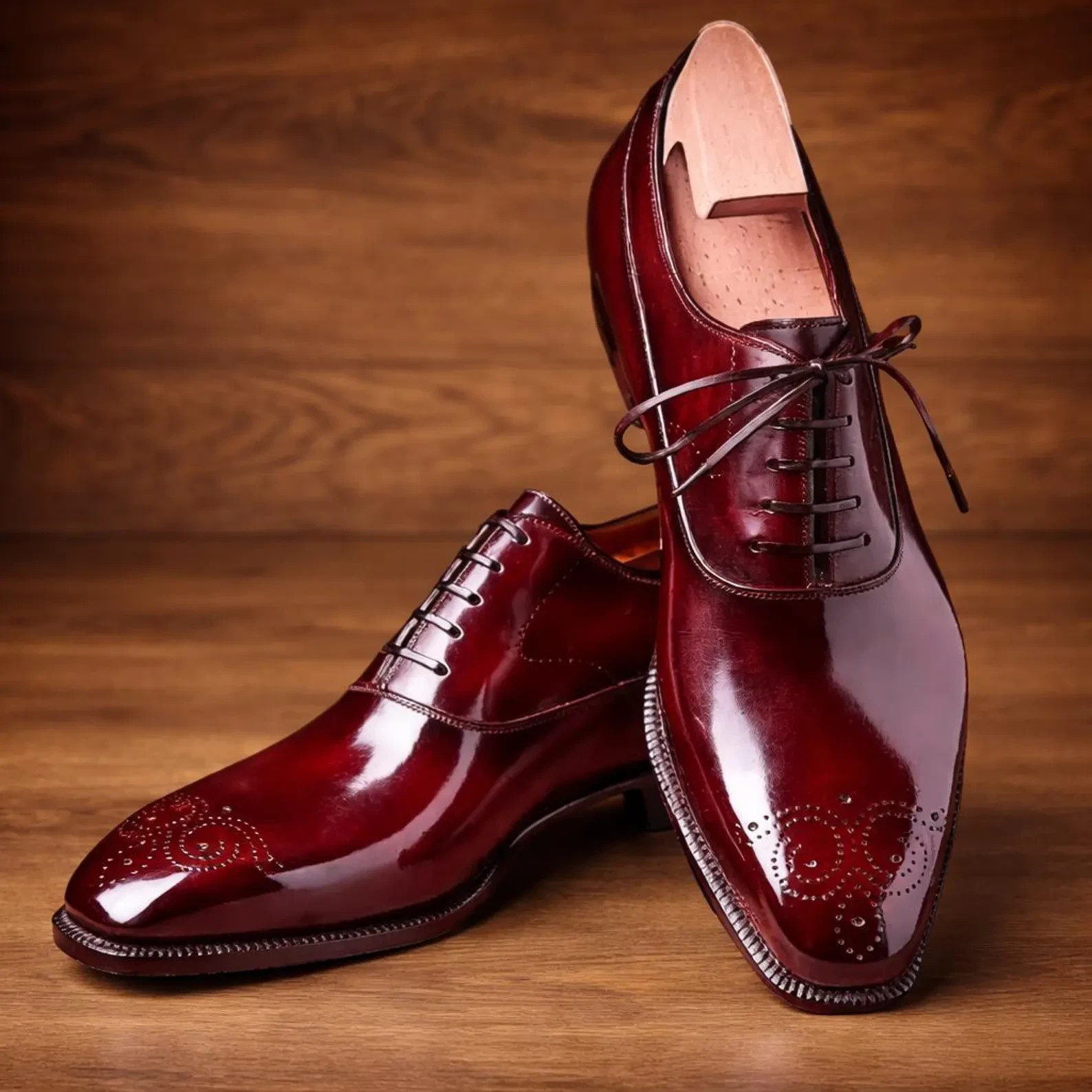 Men\'s Handmade Burgundy Patent Leather Oxford Dress Shoes Wingtip Brogue Formal